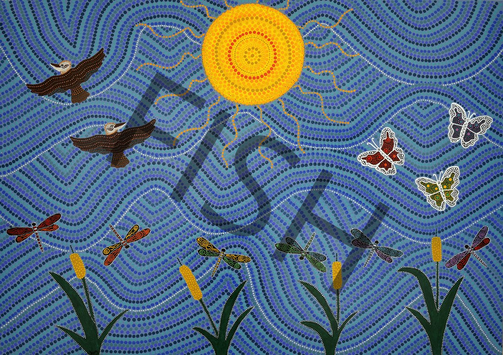 Artwork, blue background with birds and butterflies flying